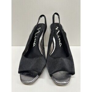Nina Women size 7M EU37 black satin and silver leather upper heels open toe pump